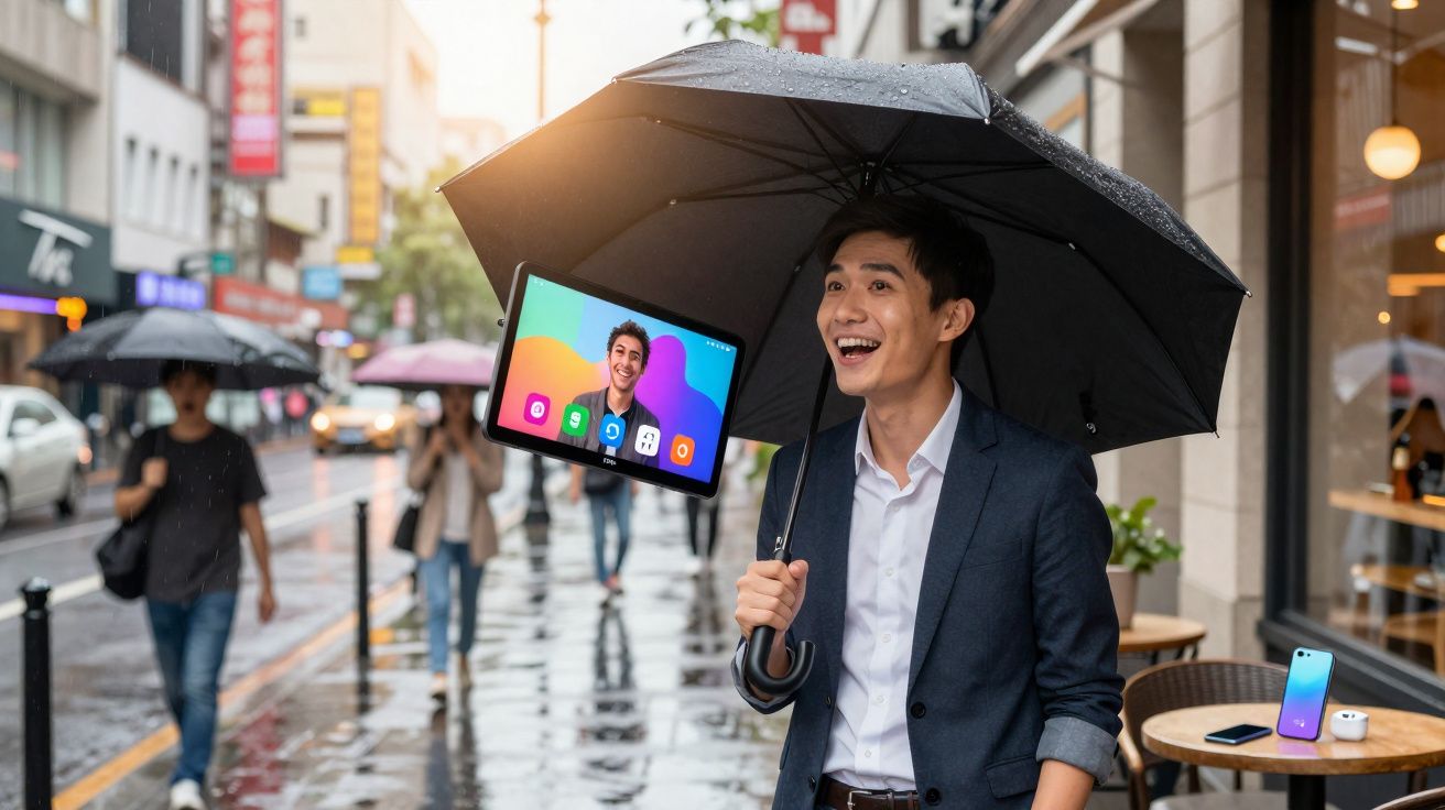 Homem sorridente usando guarda-chuva preto na rua chuvosa com uma tela flutuante de videochamada ao lado.
