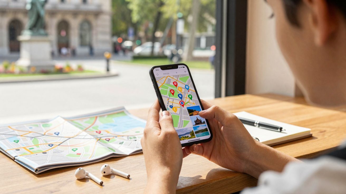 Pessoa segurando celular com mapa e pontos de interesse, mesa com mapa papel e fones de ouvido sem fio.