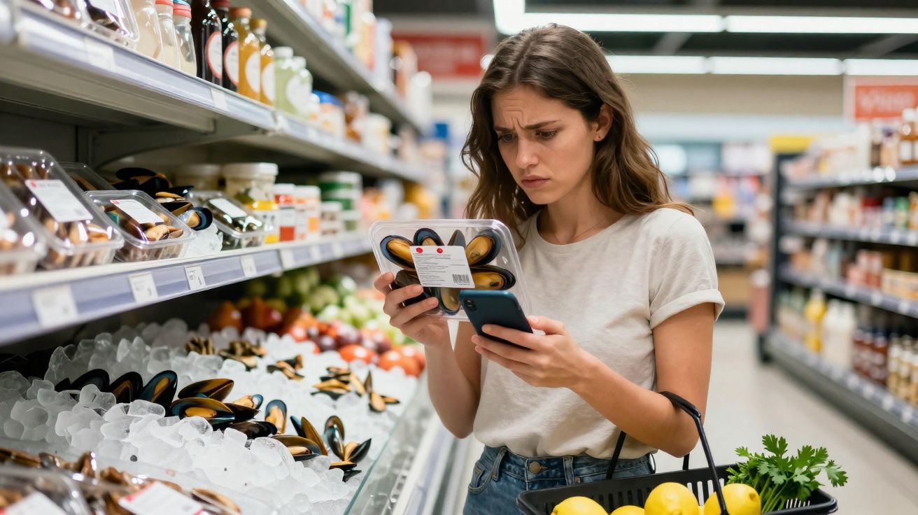 Mulher no supermercado olhando com preocupação embalagem de mexilhões enquanto consulta celular.
