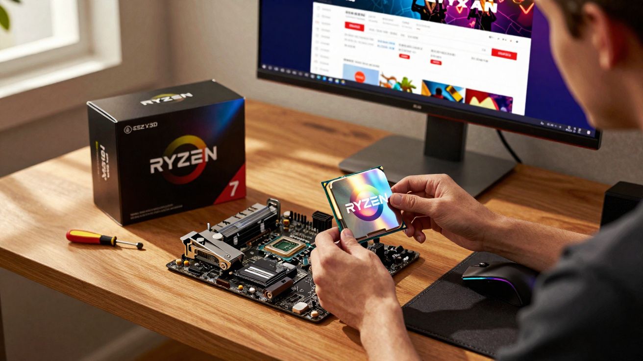 Pessoa segurando processador Ryzen próximo a placa-mãe, com monitor e caixa do processador sobre mesa de madeira.