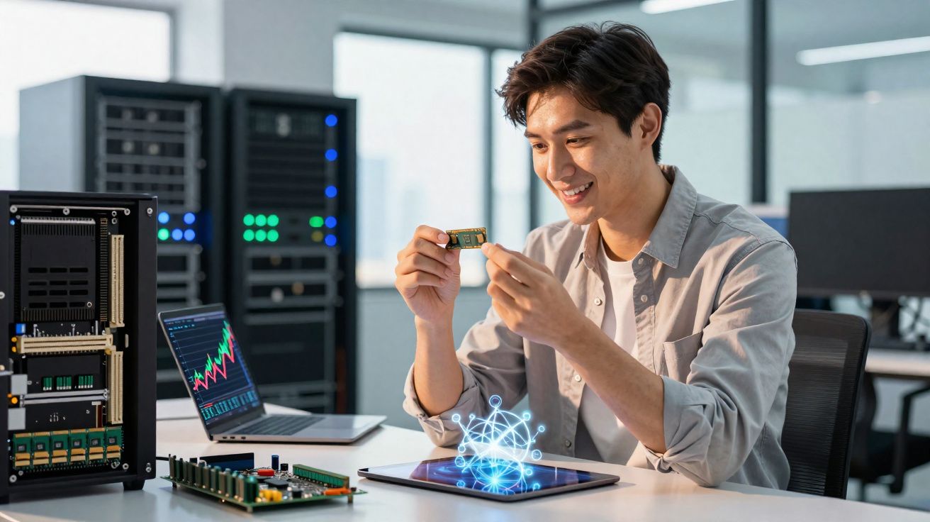 Jovem analisando chip de computador com holograma digital em mesa de escritório tecnológico.