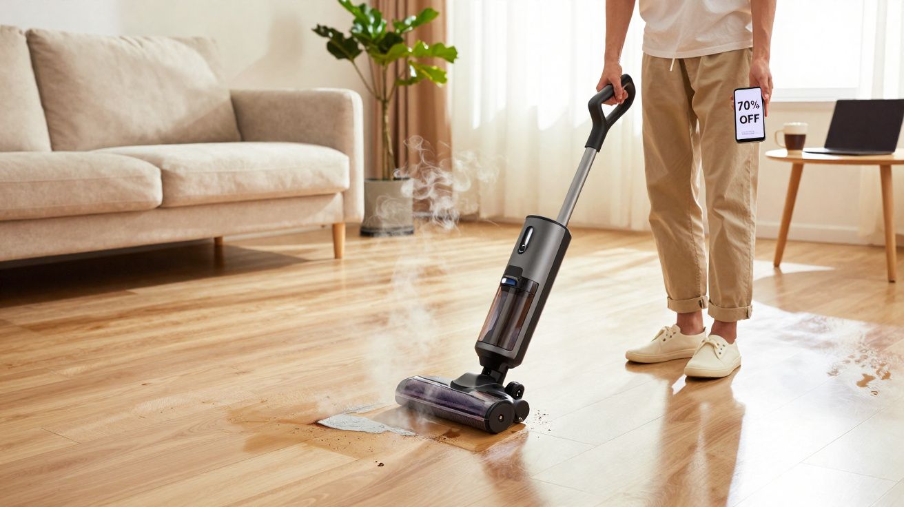Pessoa usando aspirador a vapor para limpar sujeira no chão de madeira em sala de estar iluminada.