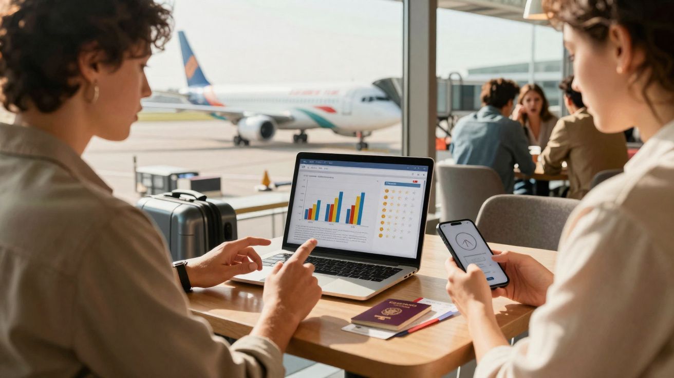 Duas pessoas analisando gráfico em laptop e celular na área de embarque do aeroporto com avião ao fundo.
