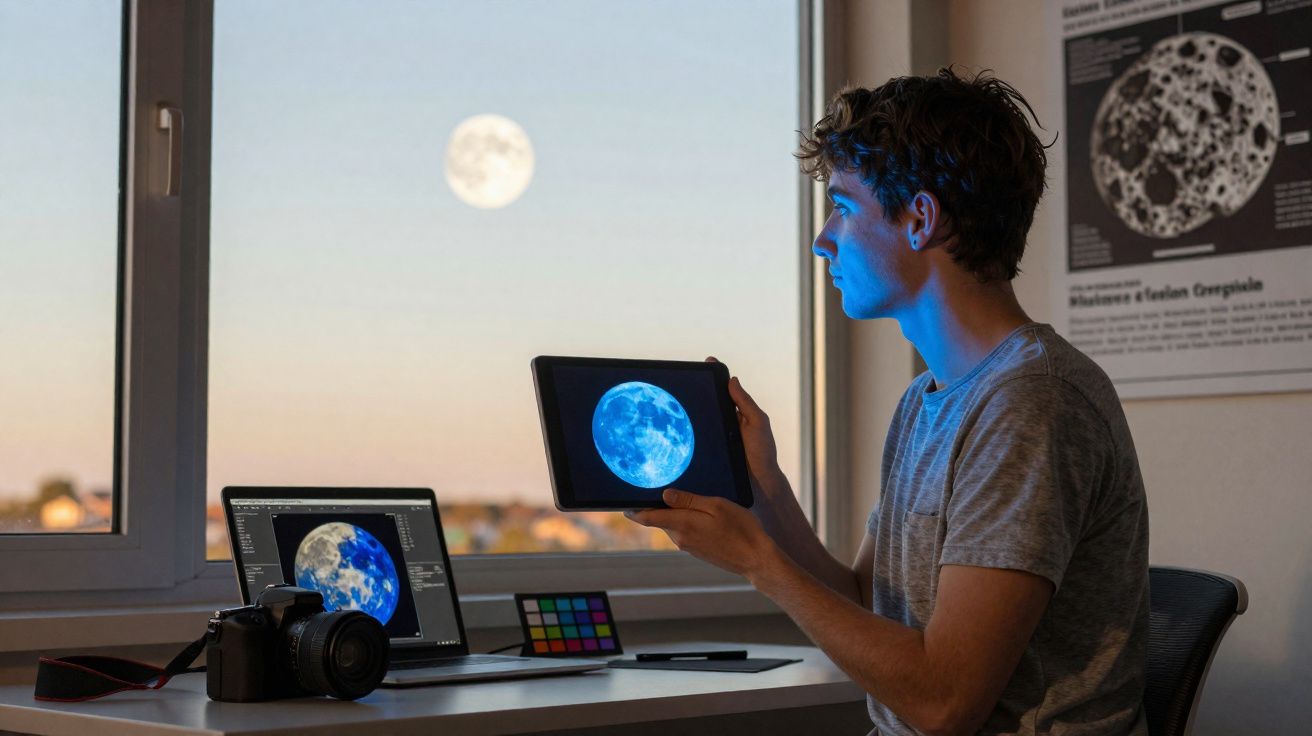 Jovem segurando tablet com imagem da lua azulada, olhando para a lua real pela janela ao entardecer.