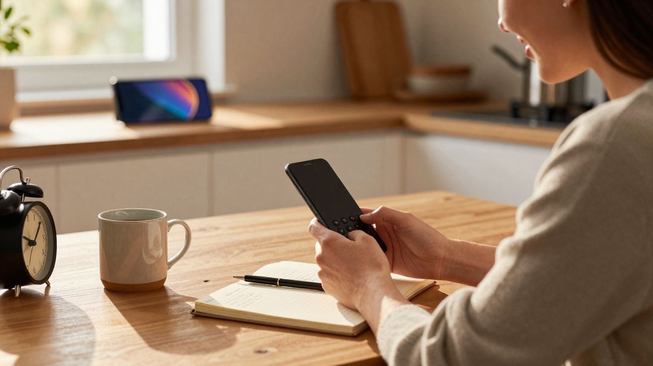 Pessoa segurando controle remoto sentada à mesa com caderno, caneta, xícara e despertador à vista.