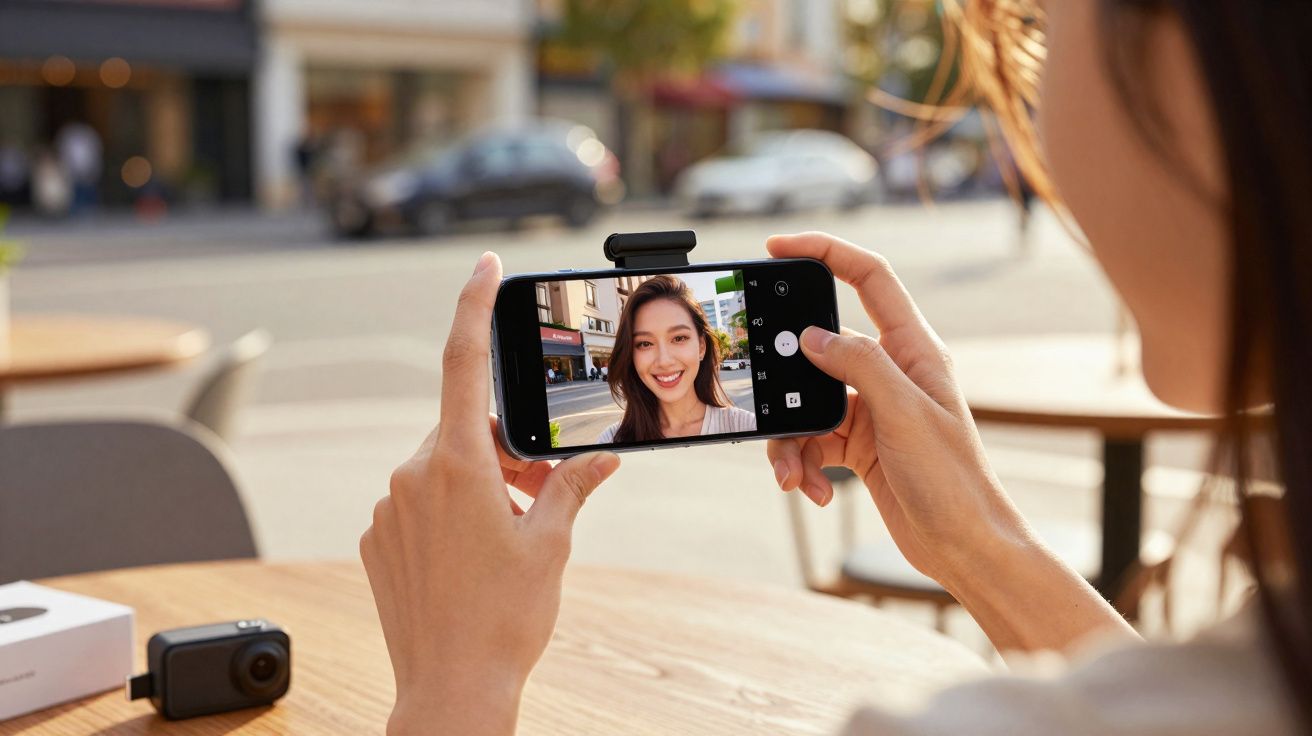 Pessoa tirando selfie com smartphone em mesa ao ar livre em dia ensolarado