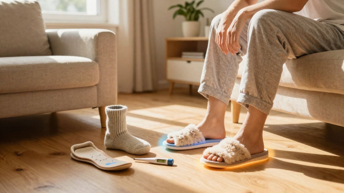 Pessoa sentada no sofá com pantufas, meia, palmilha ortopédica e termômetro no chão de madeira.
