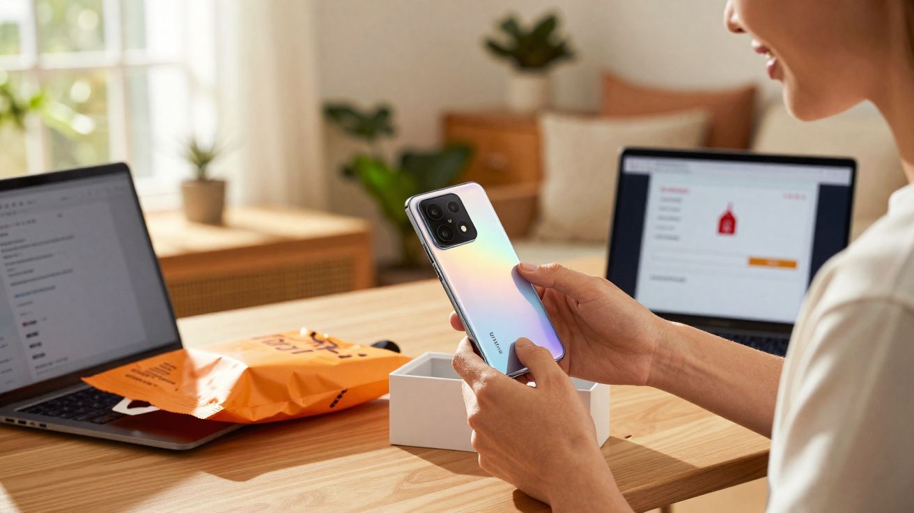 Pessoa segurando um celular novo acima da caixa, com dois notebooks e uma embalagem laranja na mesa.