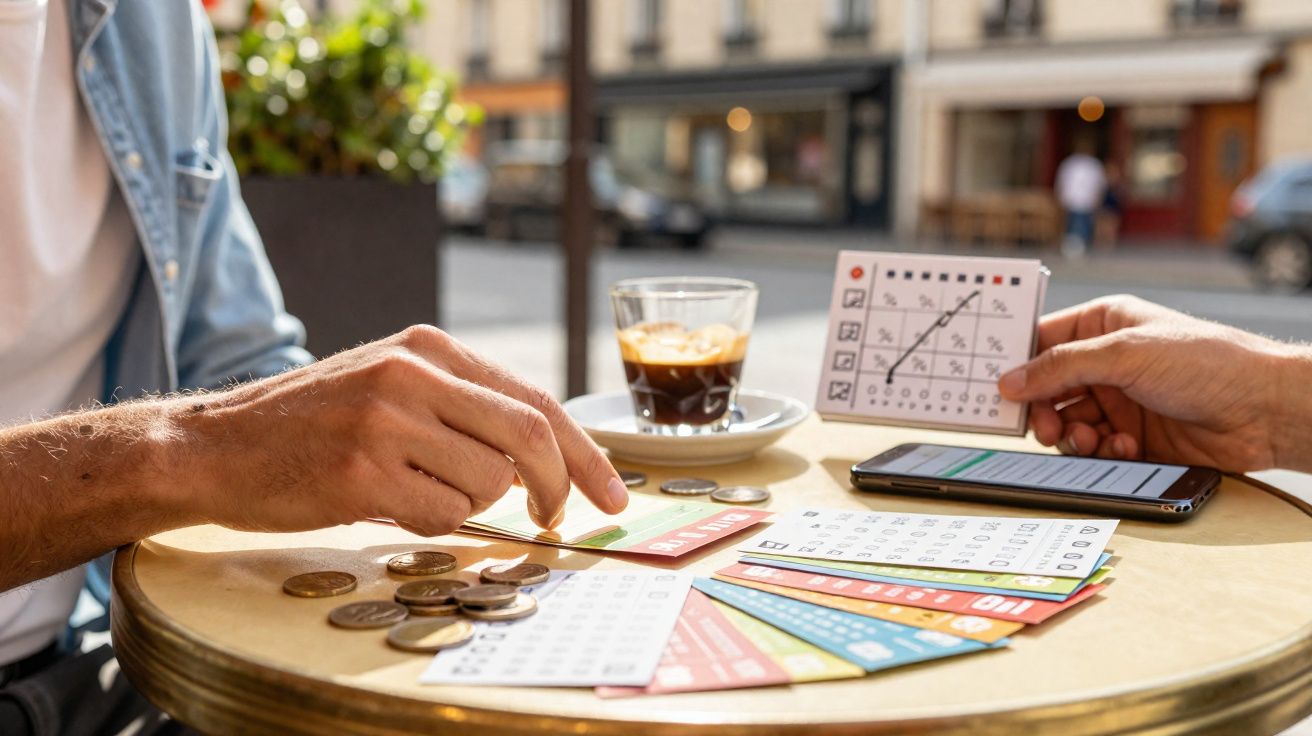 Duas pessoas jogando bingo com cartas, moedas e café em mesa ao ar livre.