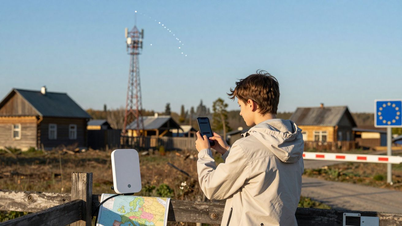 Jovem usando celular ao ar livre com mapa, antena e casas de madeira ao fundo em área rural.
