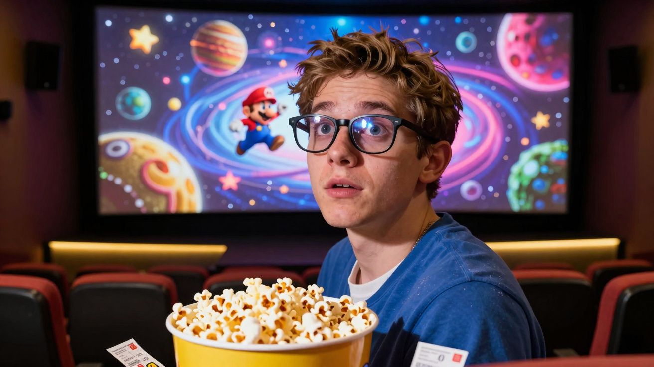 Jovem com óculos e pipoca assiste filme animado de Mario em sala de cinema colorida.
