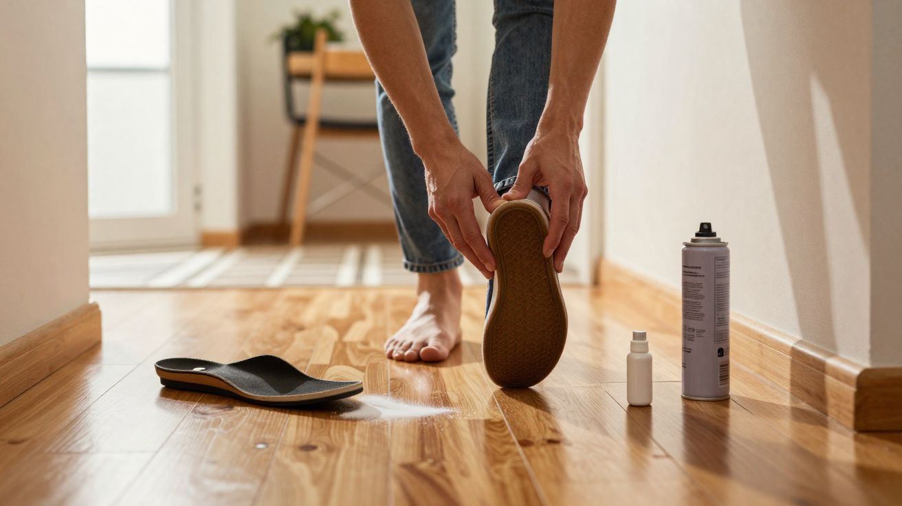 Pessoa aplicando spray em palmilha de tênis para absorver suor em chão de madeira.