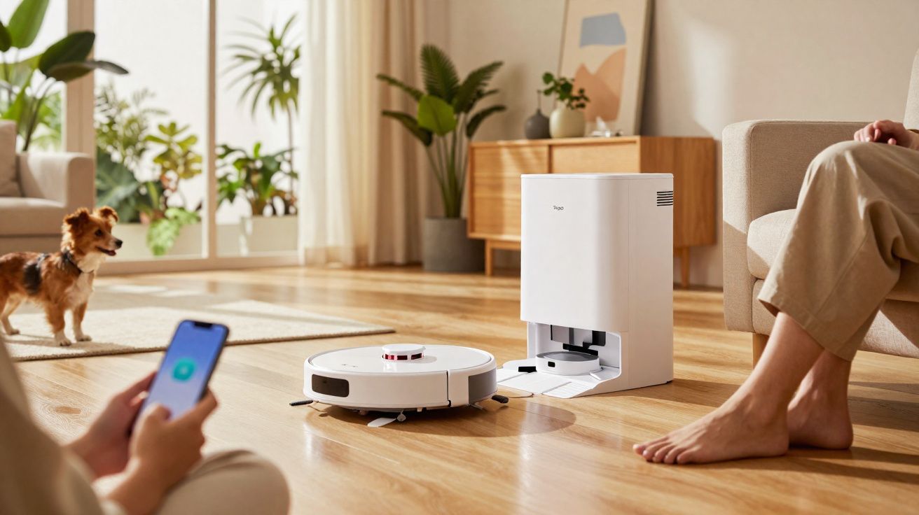 Aspirador robô branco em sala de estar com pessoa usando celular e cachorro ao fundo.