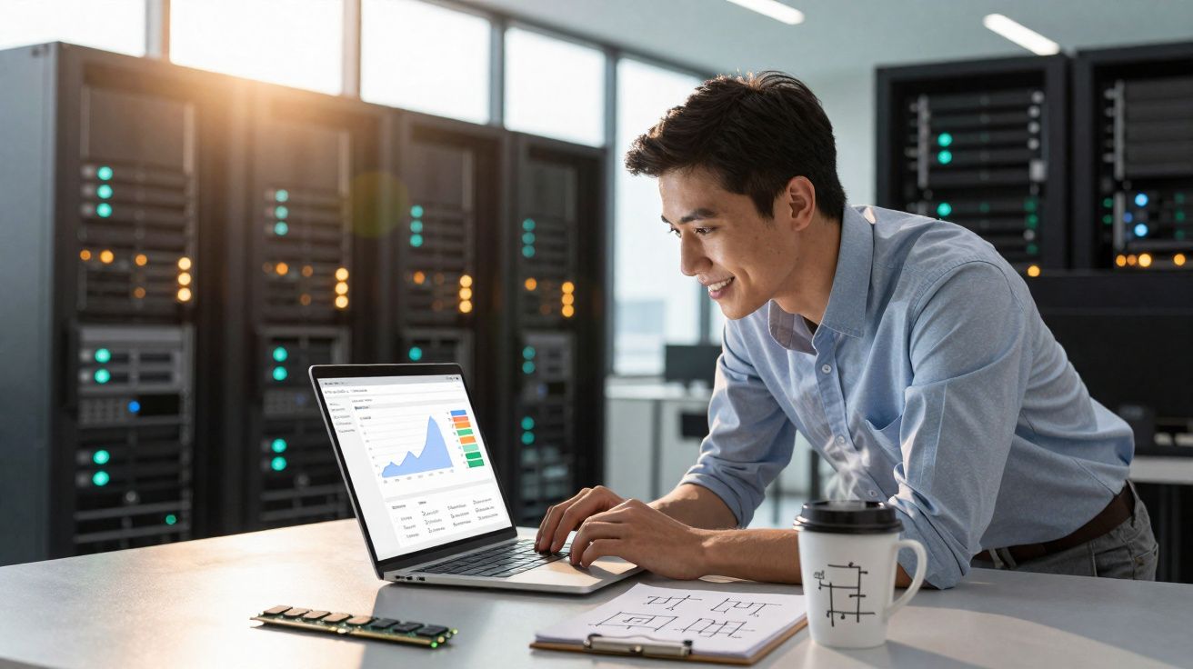 Homem sorridente trabalhando em laptop com gráficos em sala de servidores e copo com vapor na mesa.