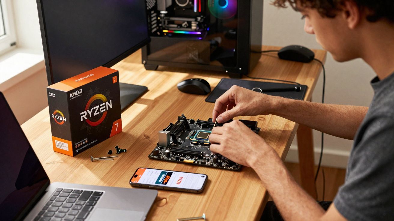 Pessoa montando placa-mãe com processador AMD Ryzen 7 em mesa com notebook e PC gamer ao fundo.