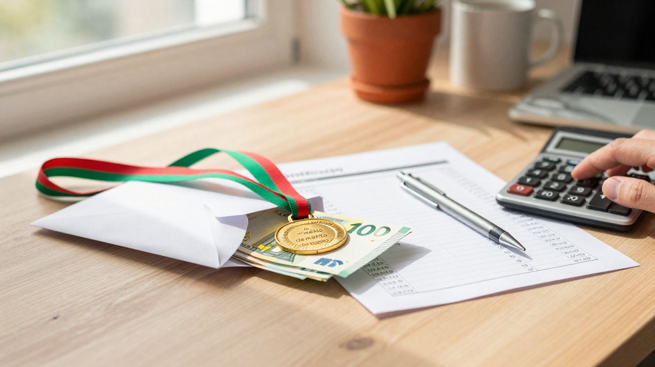 Envelope com medalha dourada e notas de euro sobre mesa com comprovante, caneta e mão usando calculadora.