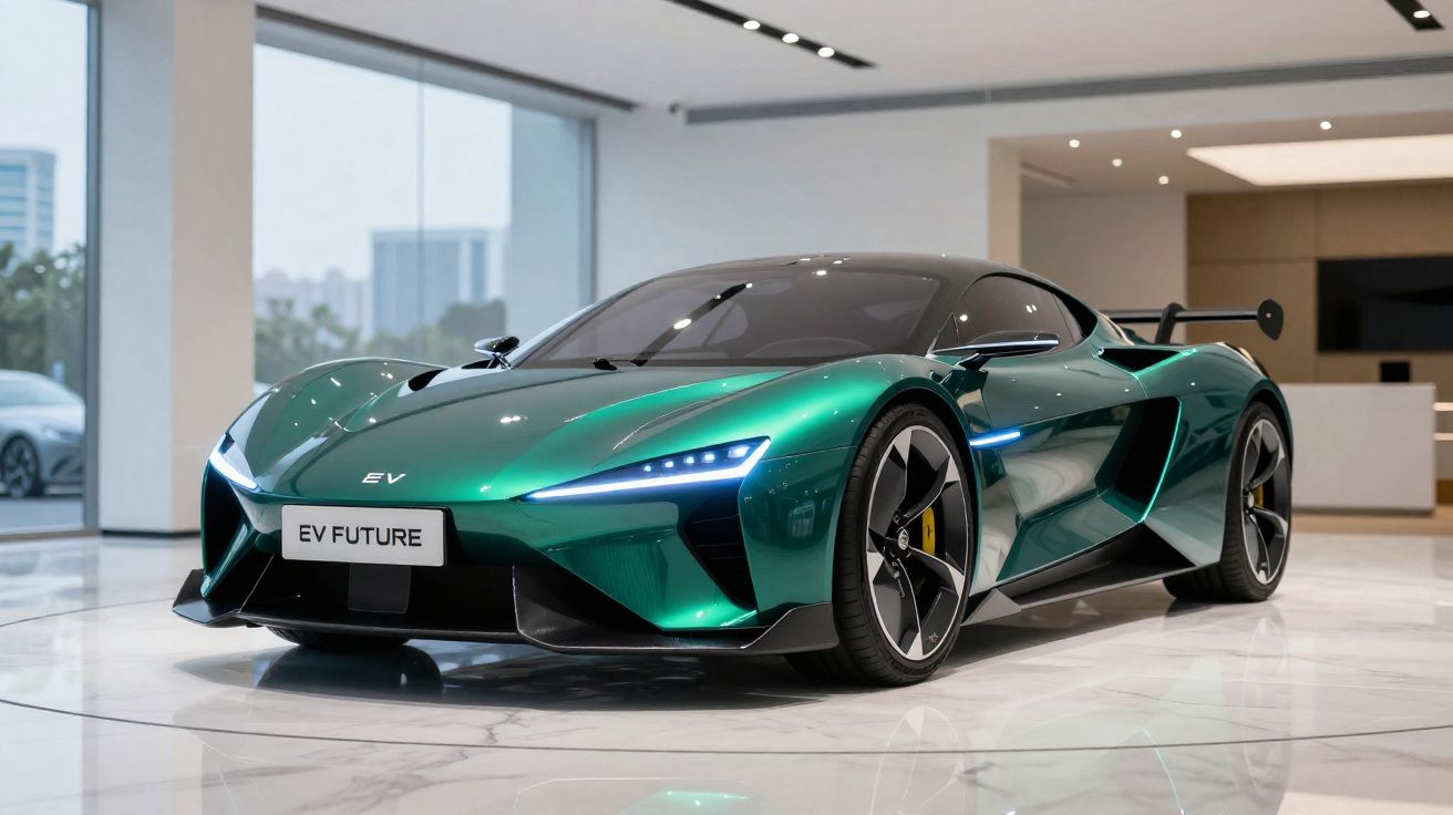 Carro esportivo elétrico verde metálico em exposição sofisticada com iluminação moderna e piso de mármore.