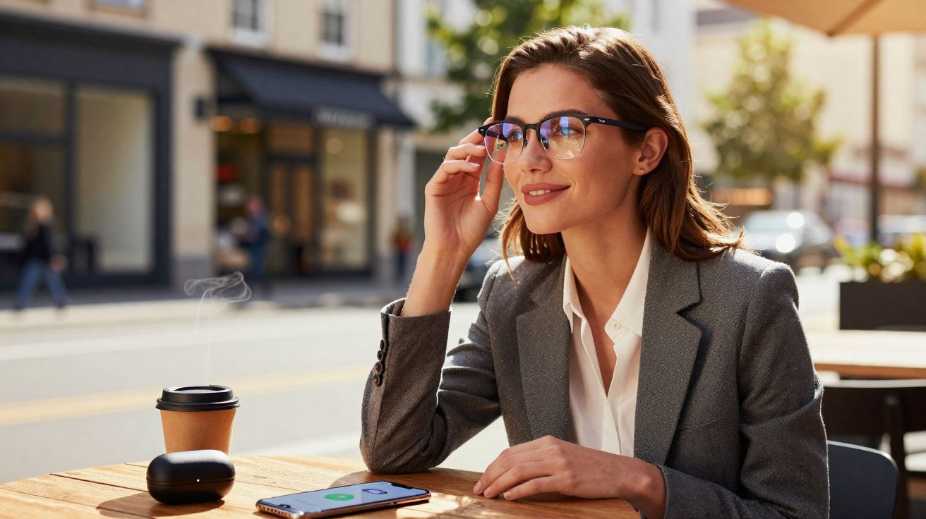 Mulher sorridente com óculos, sentada em café ao ar livre com celular e café na mesa.