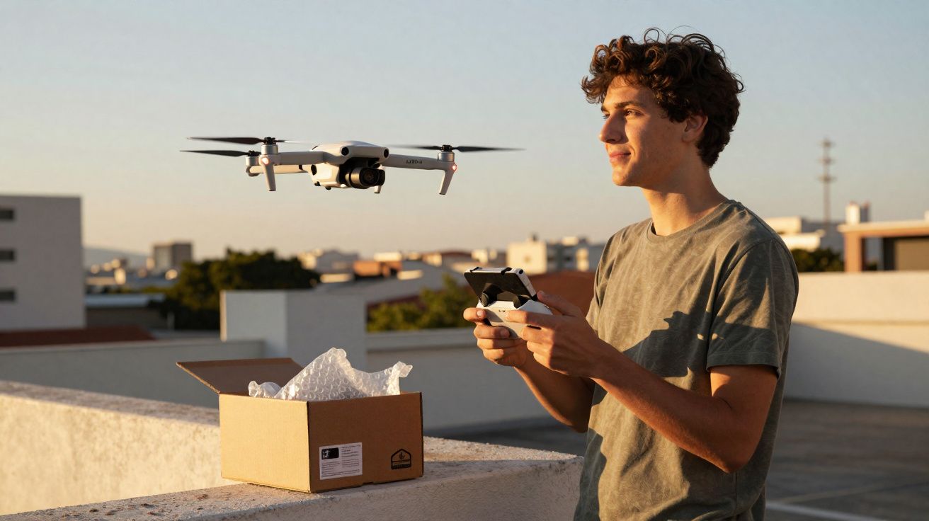 Jovem controla drone branco com controle remoto em área externa durante o pôr do sol.