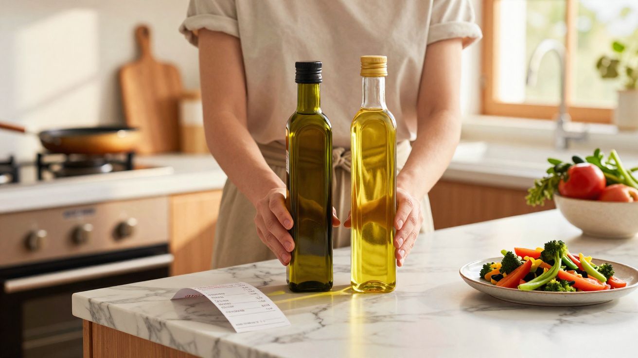 Pessoa segurando duas garrafas de azeite sobre bancada com prato de legumes e cheque culinário.