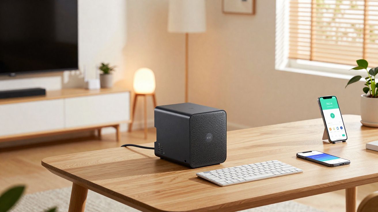 Mesa de madeira com teclado, caixa de som preta, dois celulares e ambiente de sala iluminada.