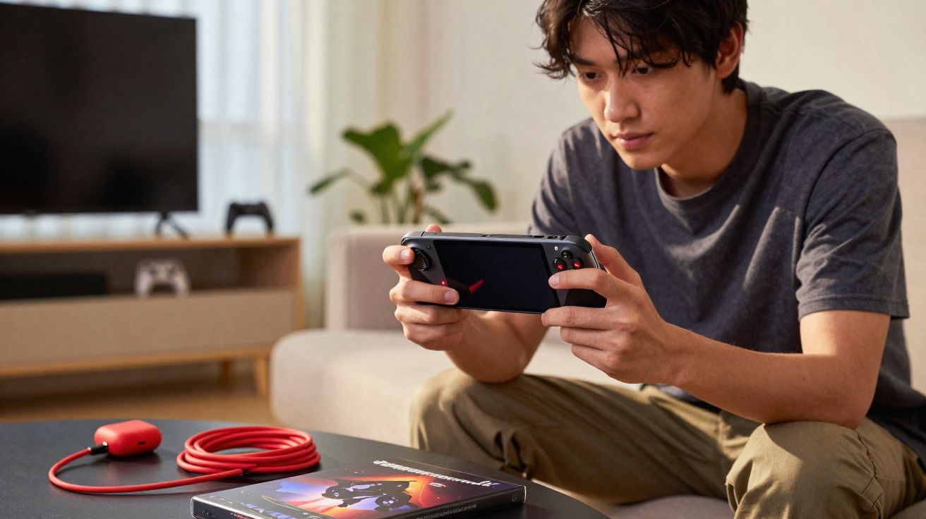 Jovem sentado no sofá jogando videogame portátil em sala com televisão e controle ao fundo.