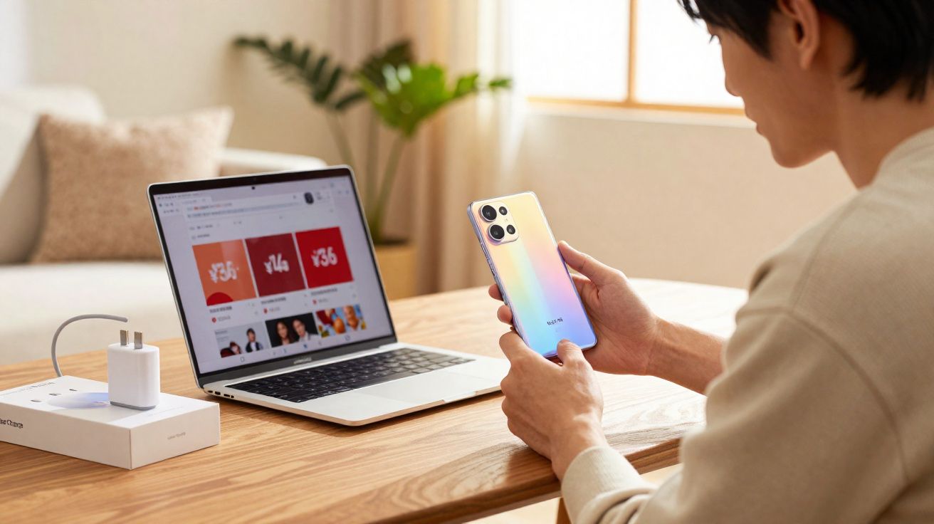 Pessoa segurando smartphone colorido holográfico, com notebook aberto e carregador na mesa de madeira.