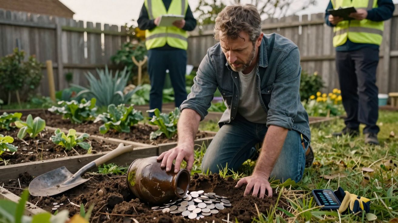 Homem ajoelhado no jardim coloca moedas em jarro enquanto dois homens com colete refletem observam.