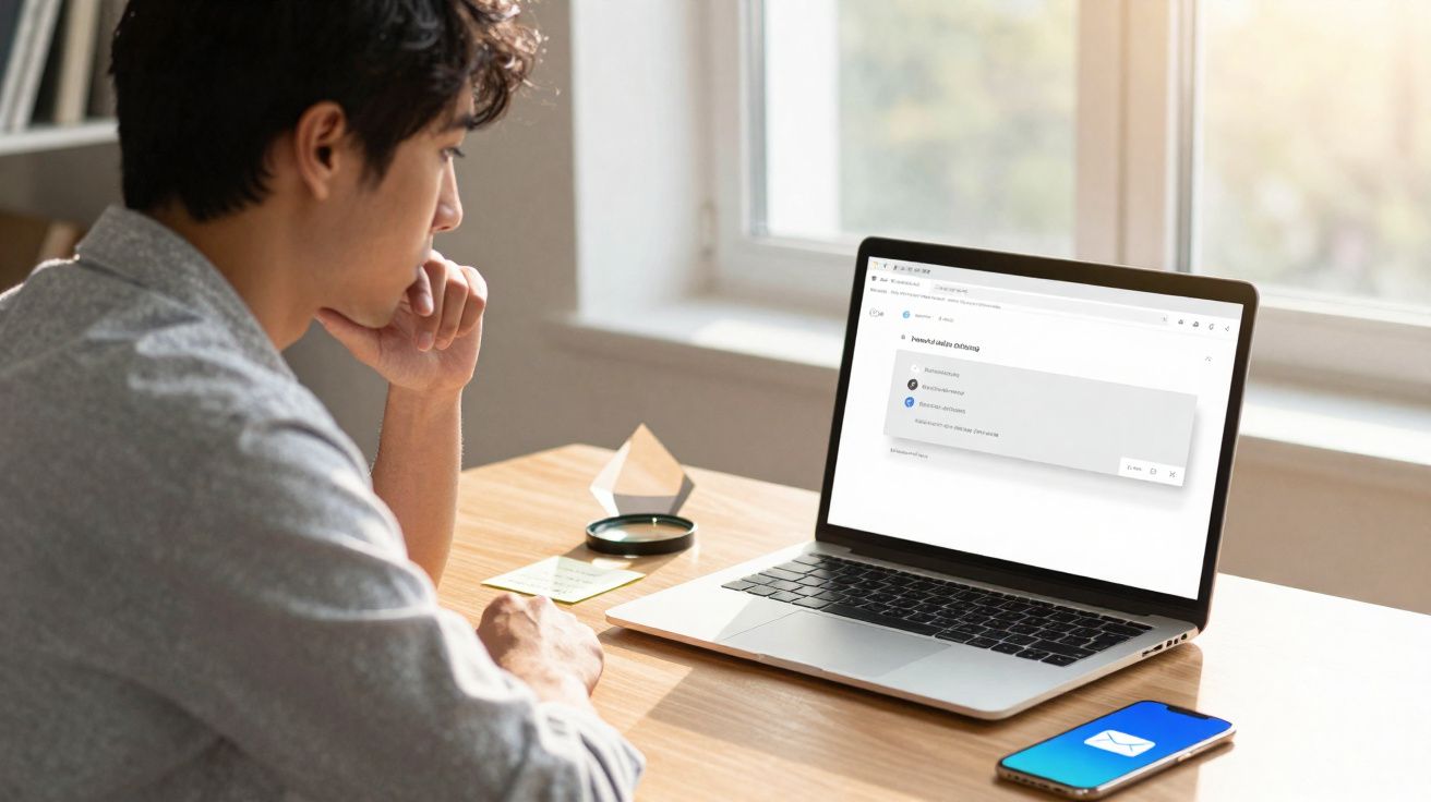 Pessoa sentada em mesa olhando para tela de laptop com mensagem aberta, com smartphone ao lado.