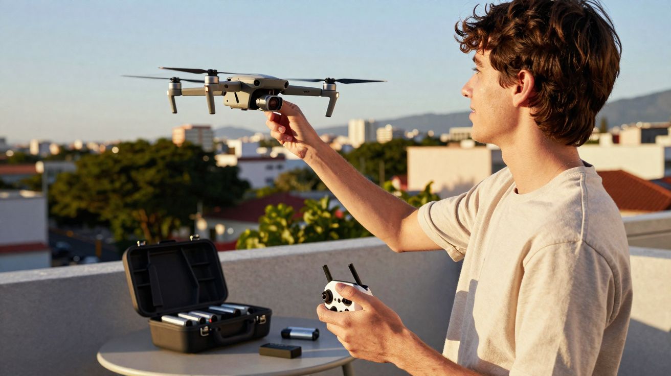 Jovem lançando drone com controle remoto na mão em varanda com cidade ao fundo ao entardecer.