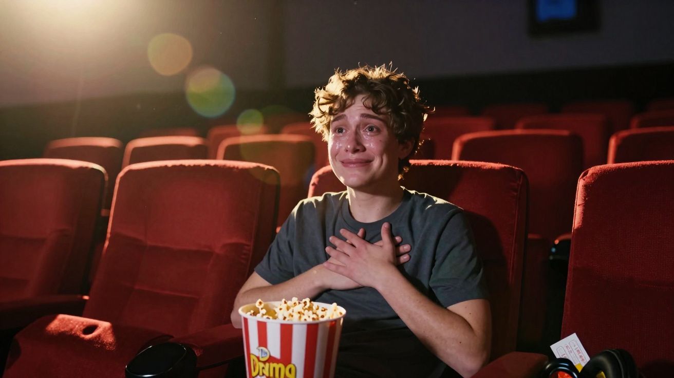 Jovem emocionado assiste filme no cinema com balde de pipoca nas mãos e cadeiras vermelhas ao redor.