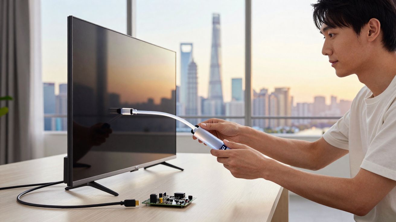 Homem segurando dispositivo flexível para limpar a tela de uma TV em uma sala com vista urbana ao pôr do sol.