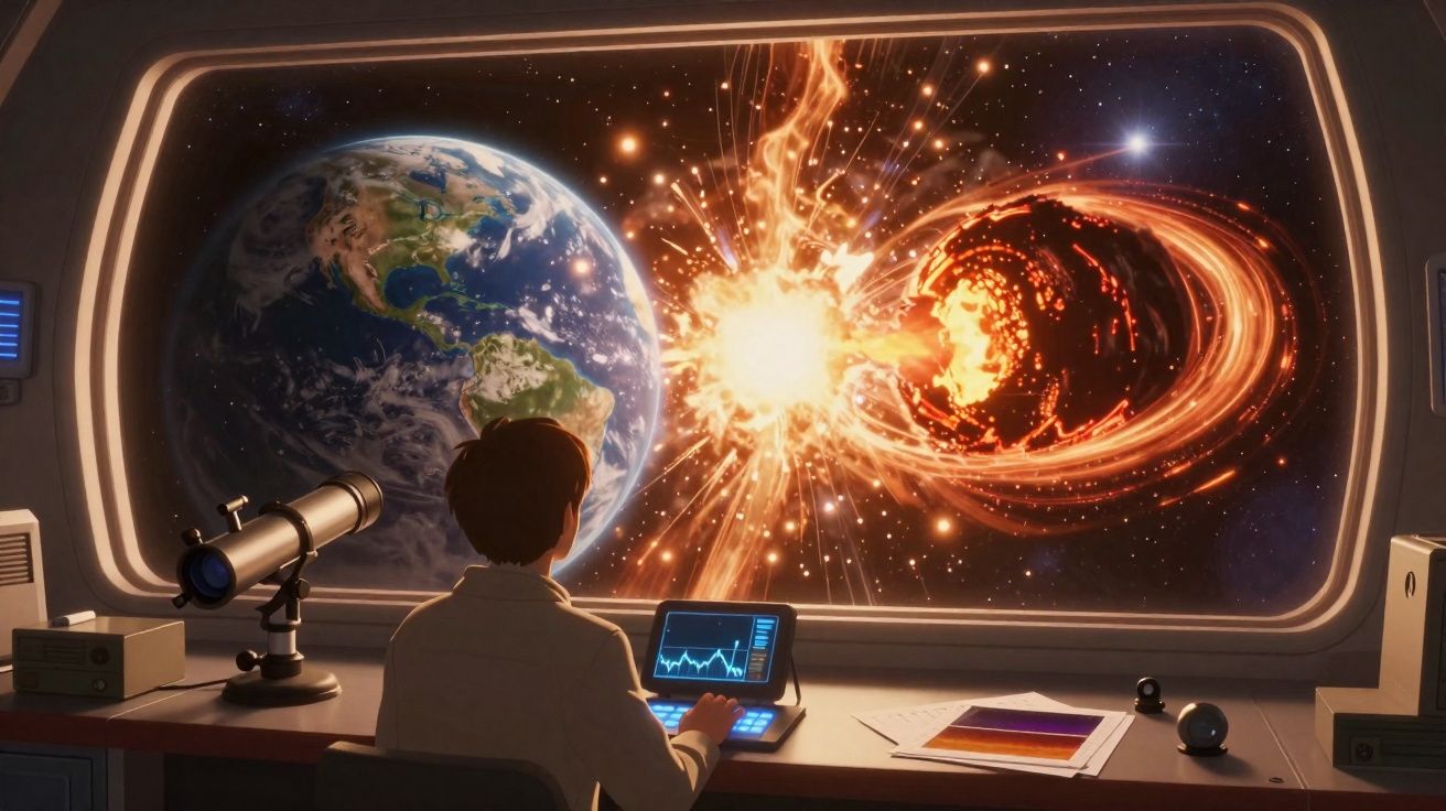 Pessoa observa pela janela de nave explosão cósmica ao lado da Terra vista do espaço.