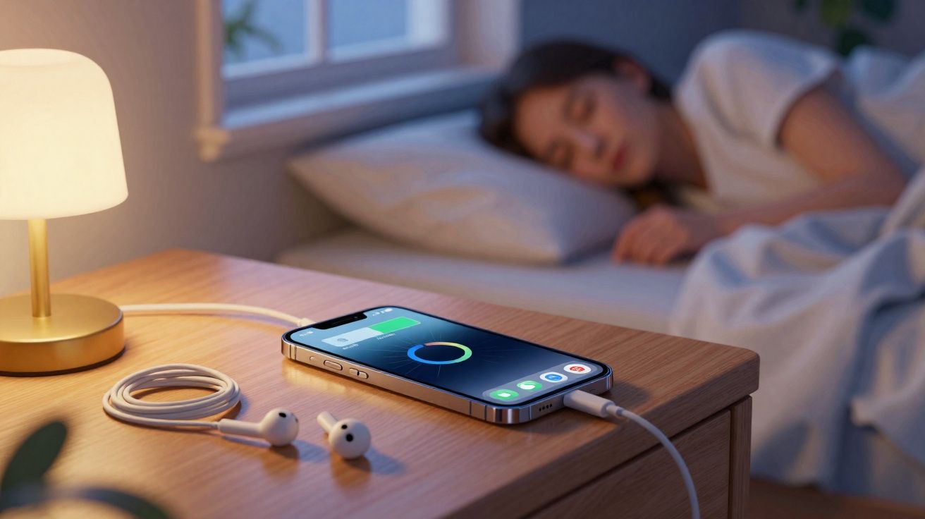 Celular carregando na mesa de cabeceira com fones brancos e uma mulher dormindo ao fundo.