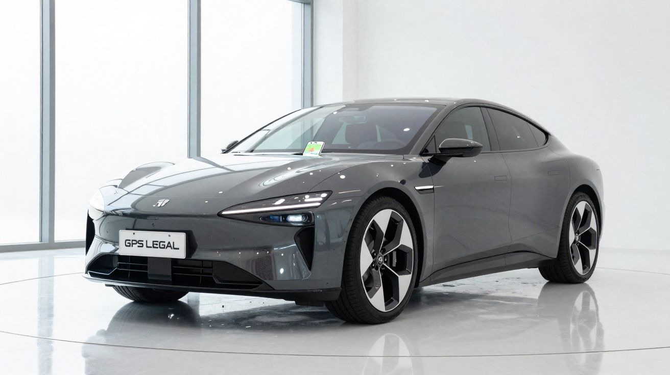 Carro elétrico cinza escuro estacionado em ambiente branco com teto solar e rodas pretas e prata.