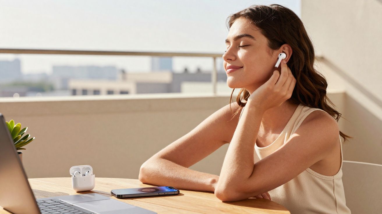 Mulher com fones de ouvido sem fio sorri enquanto escuta música em ambiente externo, sentada à mesa com notebook.