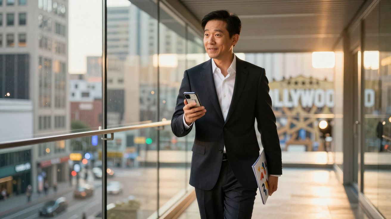 Homem de terno caminhando em corredor de vidro, segurando celular e pasta, com vista urbana ao fundo.
