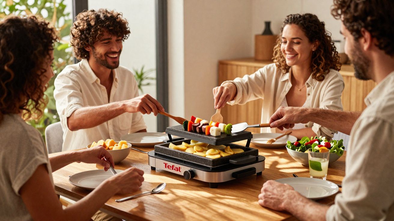 Quatro pessoas rindo e preparando raclette em uma mesa de madeira em ambiente iluminado.