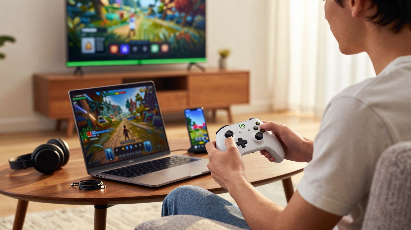 Pessoa jogando videogame com controle branco, laptop, celular e TV exibindo o jogo em uma sala.