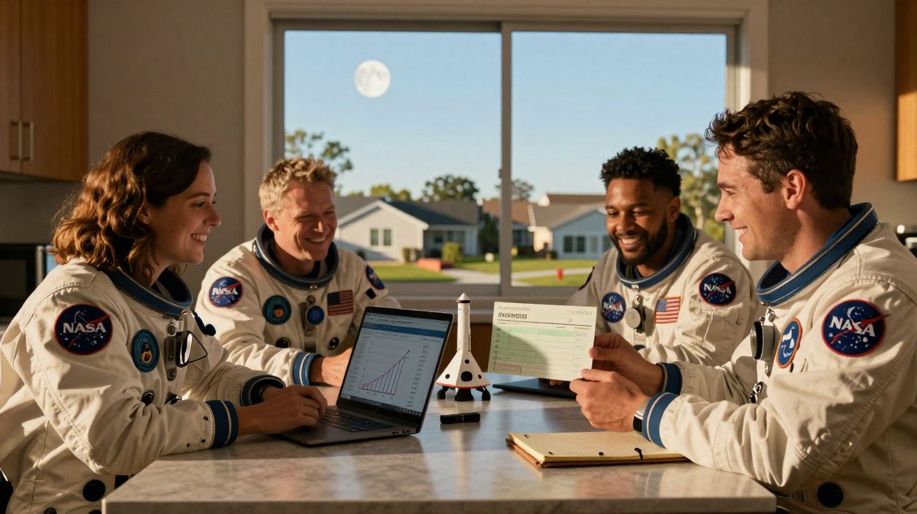 Quatro astronautas reunidos em mesa com laptop e foguete em miniatura, sorrindo em ambiente interno.