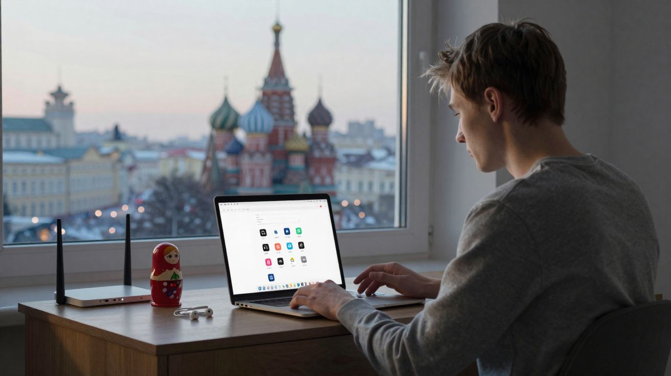Jovem usando laptop em mesa perto da janela com vista para prédio icônico de cúpulas coloridas.