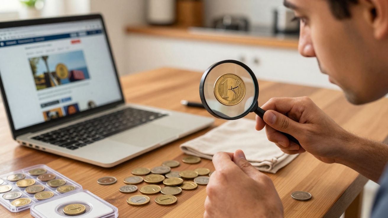 Homem analisando moeda com lupa em mesa com várias moedas e laptop ao fundo.
