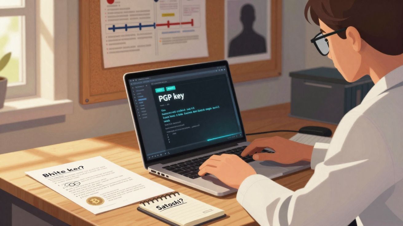 Pessoa trabalhando em computador com código PGP key, documentos sobre Bitcoin e caderno na mesa.