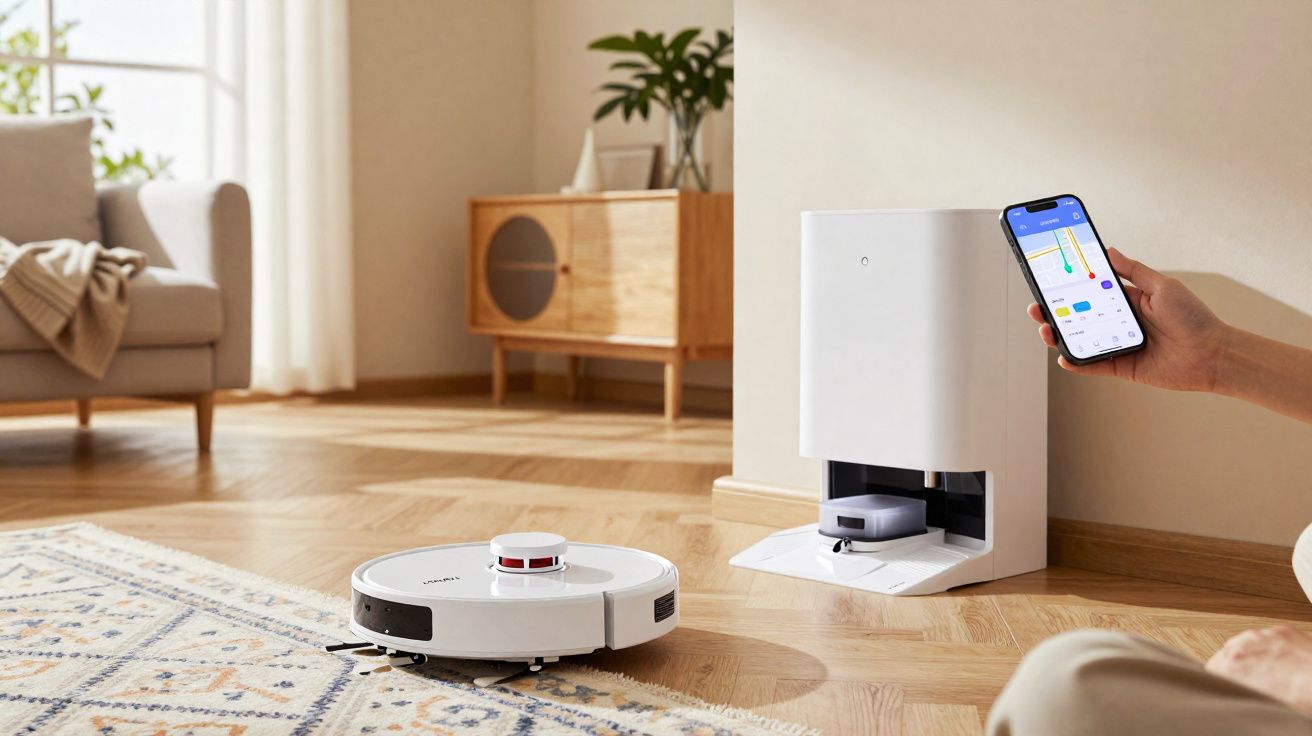 Robô aspirador branco em ambiente com piso de madeira, carregando e controlado por smartphone.