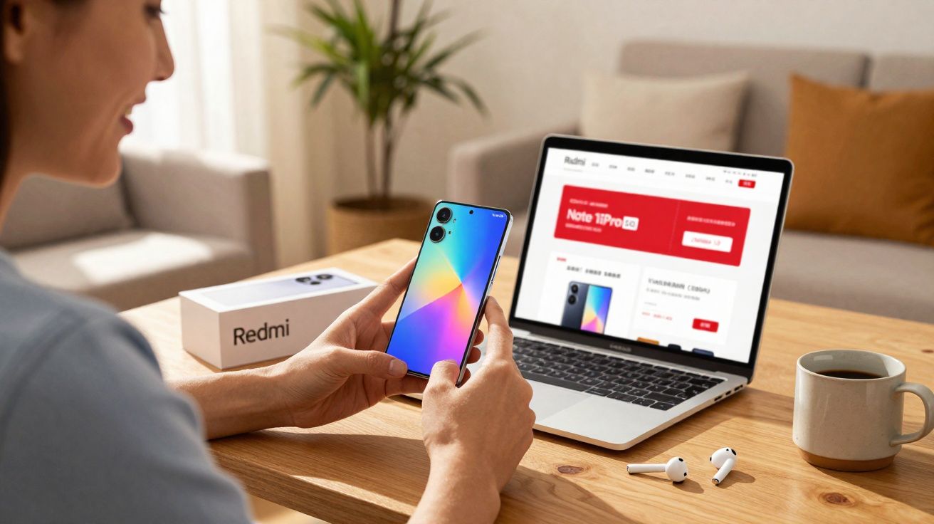 Pessoa segurando smartphone Xiaomi Redmi com laptop, fones de ouvido e caneca em mesa de madeira.