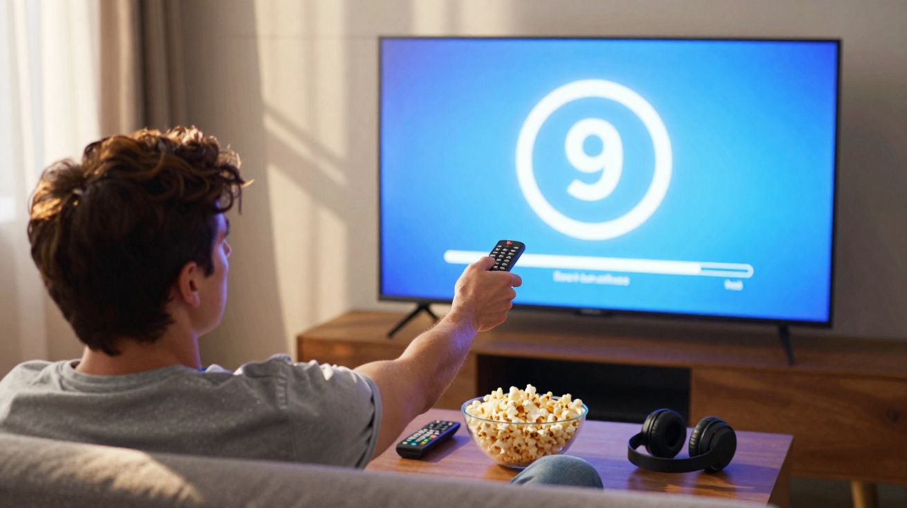 Jovem sentado no sofá com controle, assistindo contagem regressiva na TV, com pipoca e fones na mesa.