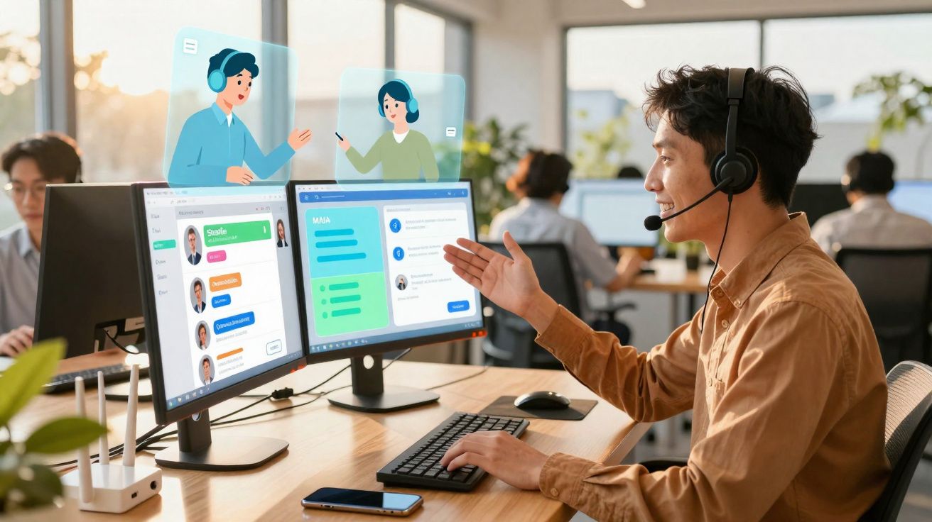 Homem com fone e microfone em videoconferência, trabalhando em escritório moderno com monitores duplos.