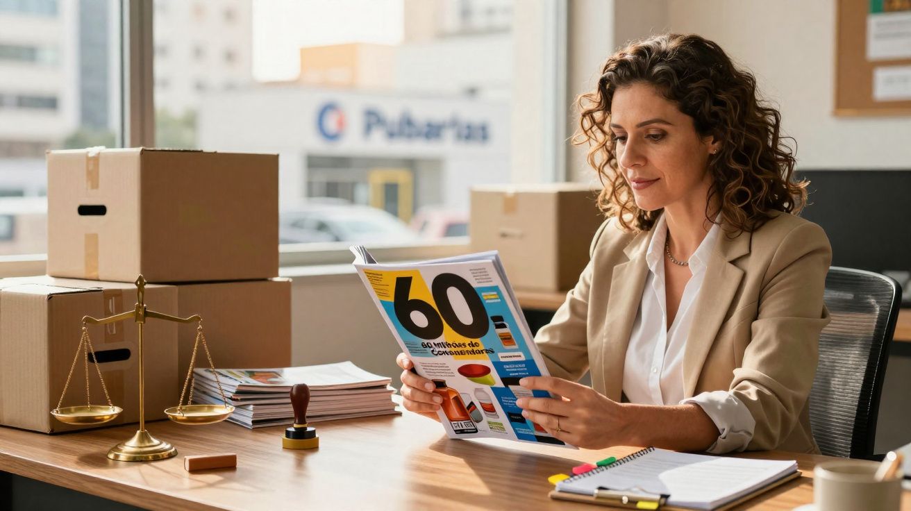 Mulher sentada em escritório lendo revista, com caixas, balança de justiça e material de escritório na mesa.