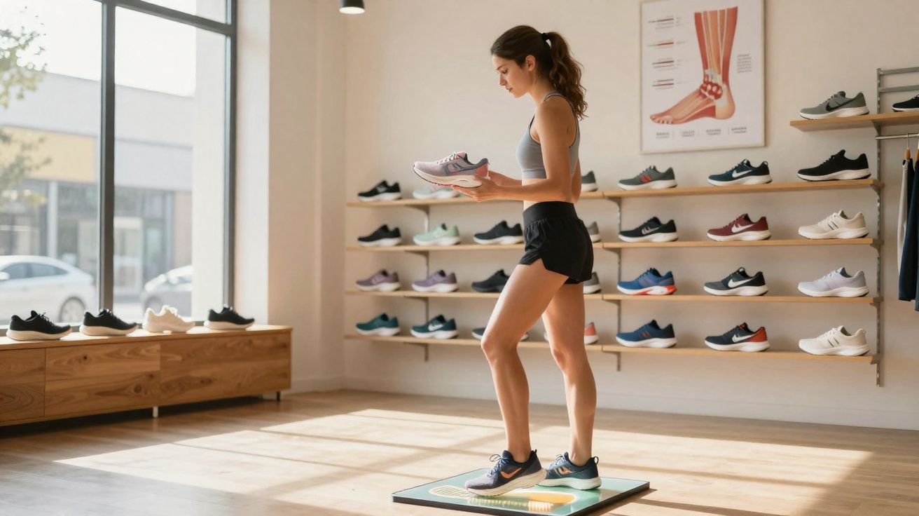 Mulher em loja de calçados esportivos, segurando tênis e examinando na prateleira ao lado.