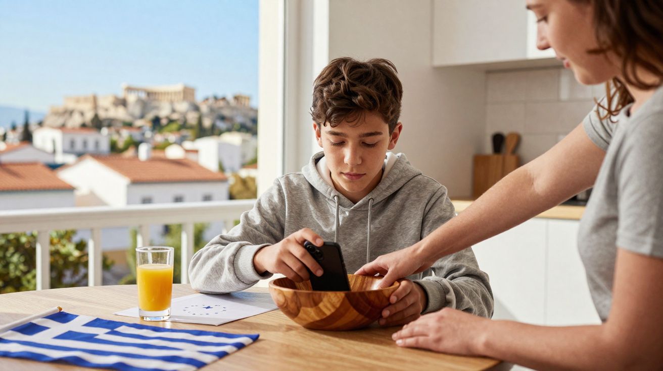 Adolescente colocando o celular em uma tigela enquanto uma mulher sorri ao lado em cozinha com vista para a Acrópole.